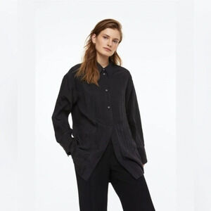 H&M Women Black Crinckle Chiffon Tunic Top Blouse Button Shirt size medium